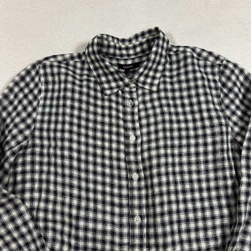 Quince Linen Long Sleeve Shirt Women S Khaki Black Gingham Button Down LB64317
